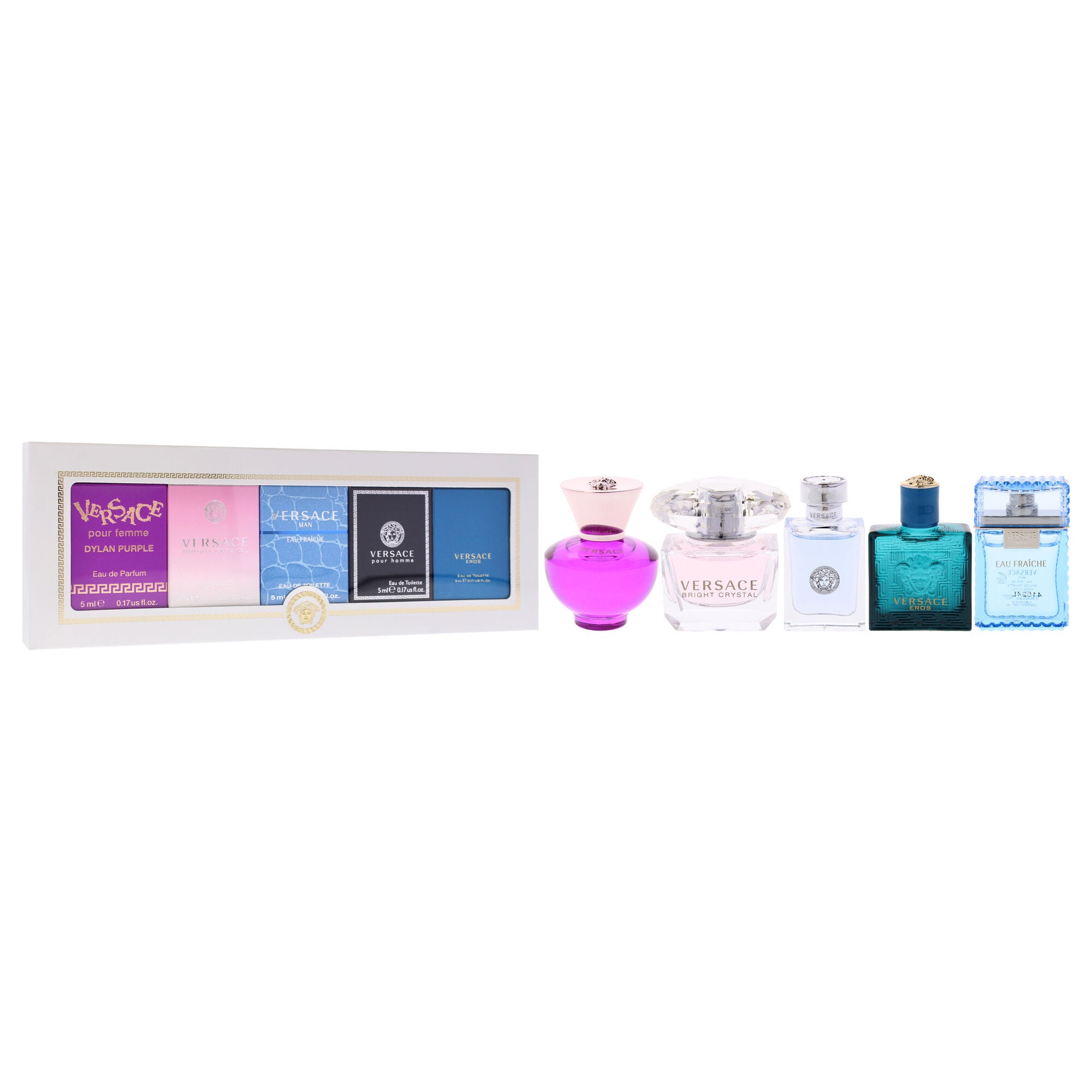 Versace Miniatures Collection by Versace for Unisex - 5 Pc Mini Gift Set 0.17oz Versace Dylan Purple EDP Splash, 0.17oz Versace Bright Crystal EDT Splash, 0.17oz Versace EDT Splash, 0.17oz Versace Pour Homme EDT Splash, 0.17oz Versace Eros EDT Splash, Clear, alternate image number 2