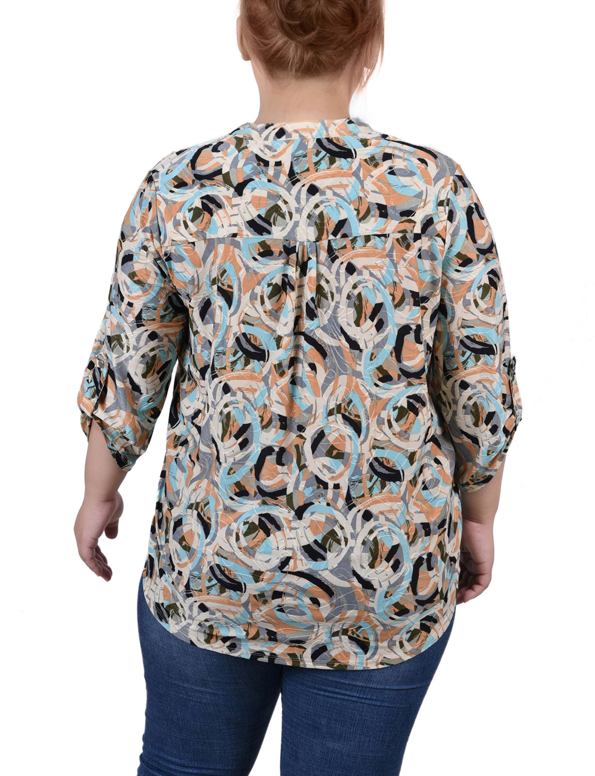 3/4 Sleeve Roll Tab Y Neck Top, Multi Abstract, alternate image number 2