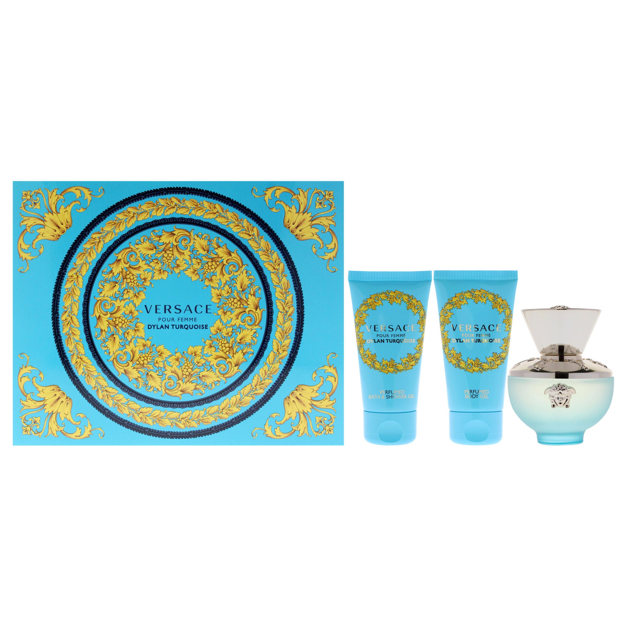 Versace Dylan Turquoise Pour Femme by Versace for Women - 3 Pc Gift Set 1.7oz EDT Spray, 1.7oz Perfumed Body Gel, 1.7oz Bath and Shower Gel, See Description, hi-res image number 0