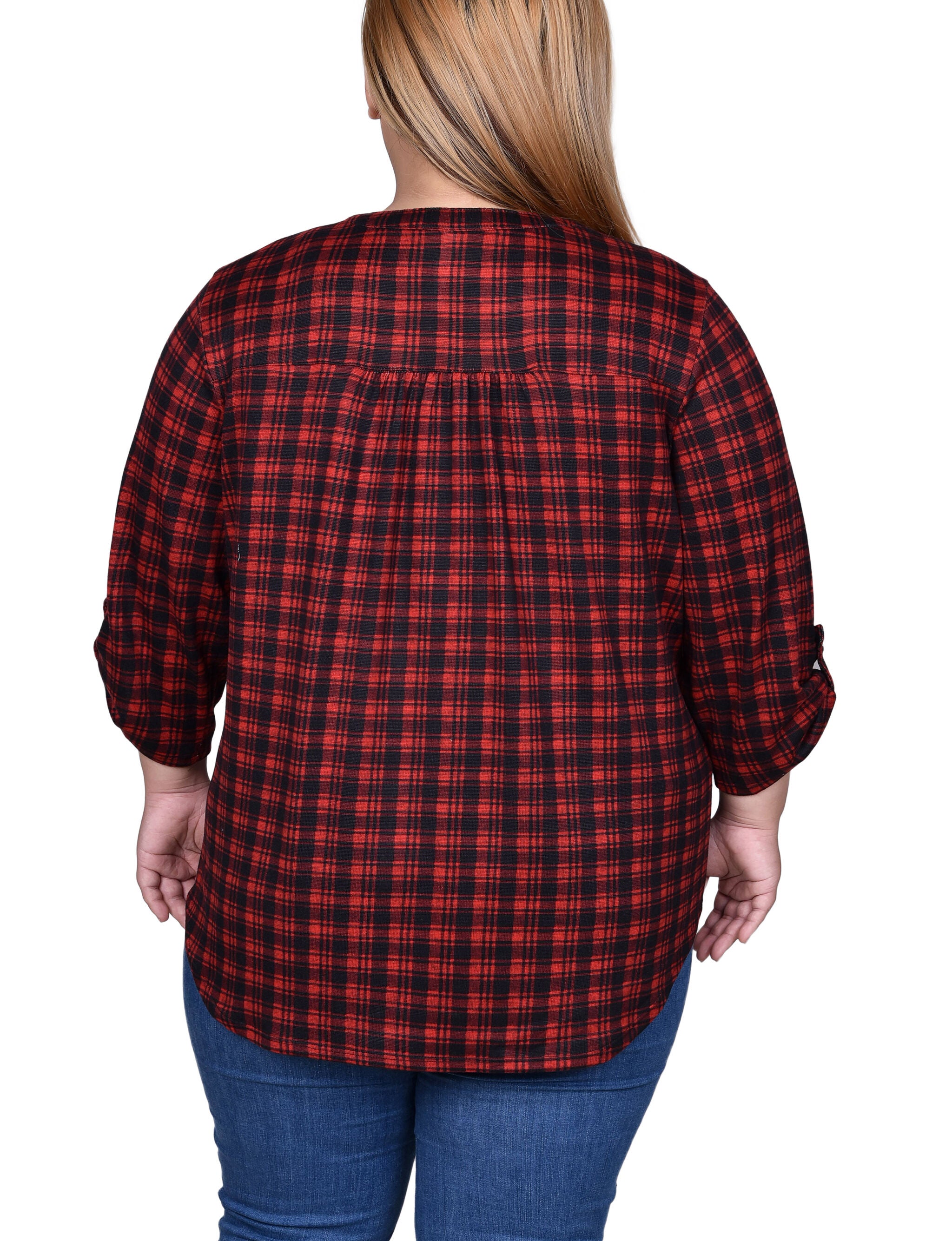3/4 Roll Sleeve Top, Red Black Plaid, alternate image number 2