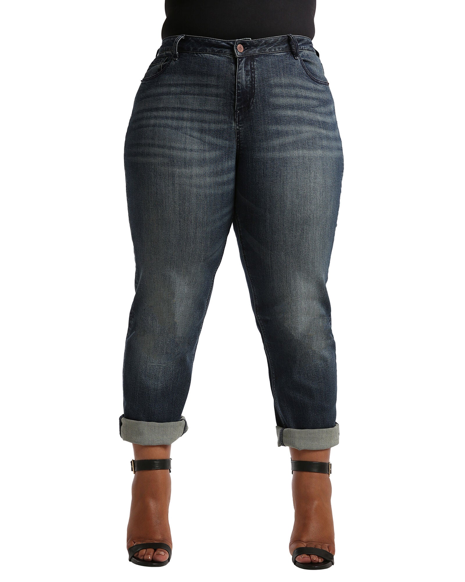 Plus Size Verla Boyfriend Jeans In Hurricane Wash W Bleach Spots & Rolled Cuffs, Blue / Dark Wash, hi-res image number 0