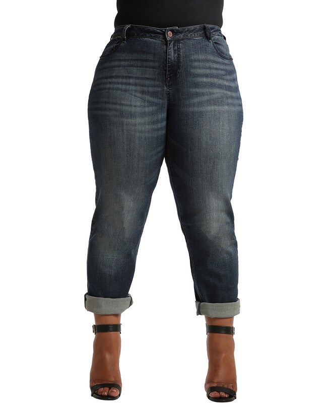 Plus Size Verla Boyfriend Jeans In Hurricane Wash W Bleach Spots & Rolled Cuffs, Blue / Dark Wash, hi-res image number 0