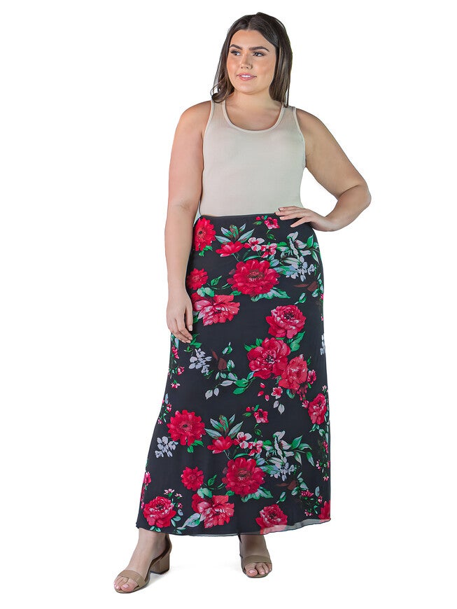 Plus Size Black and Red Floral Print Sheer Overlay Elastic Waist Maxi Skirt, Black Multi, hi-res image number 0