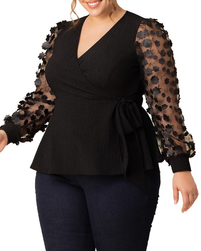 Scattered Petals Long Sleeve Wrap Top, ONYX BLOSSOMS / Black, alternate image number 3
