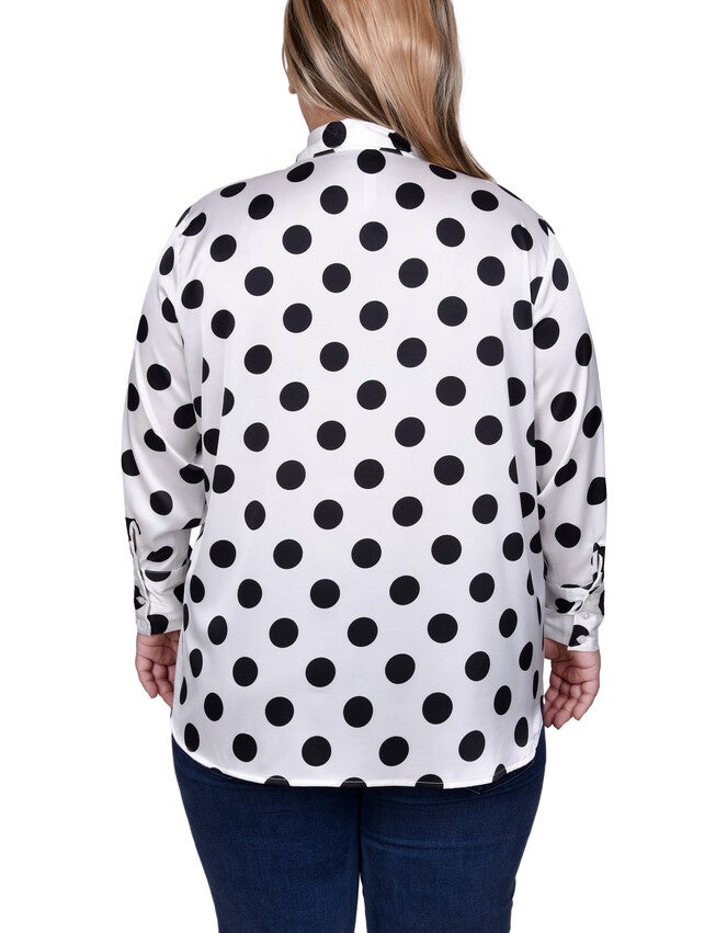 Long Sleeve Dotted Satin Blouse, White Black Big Dot, alternate image number 1
