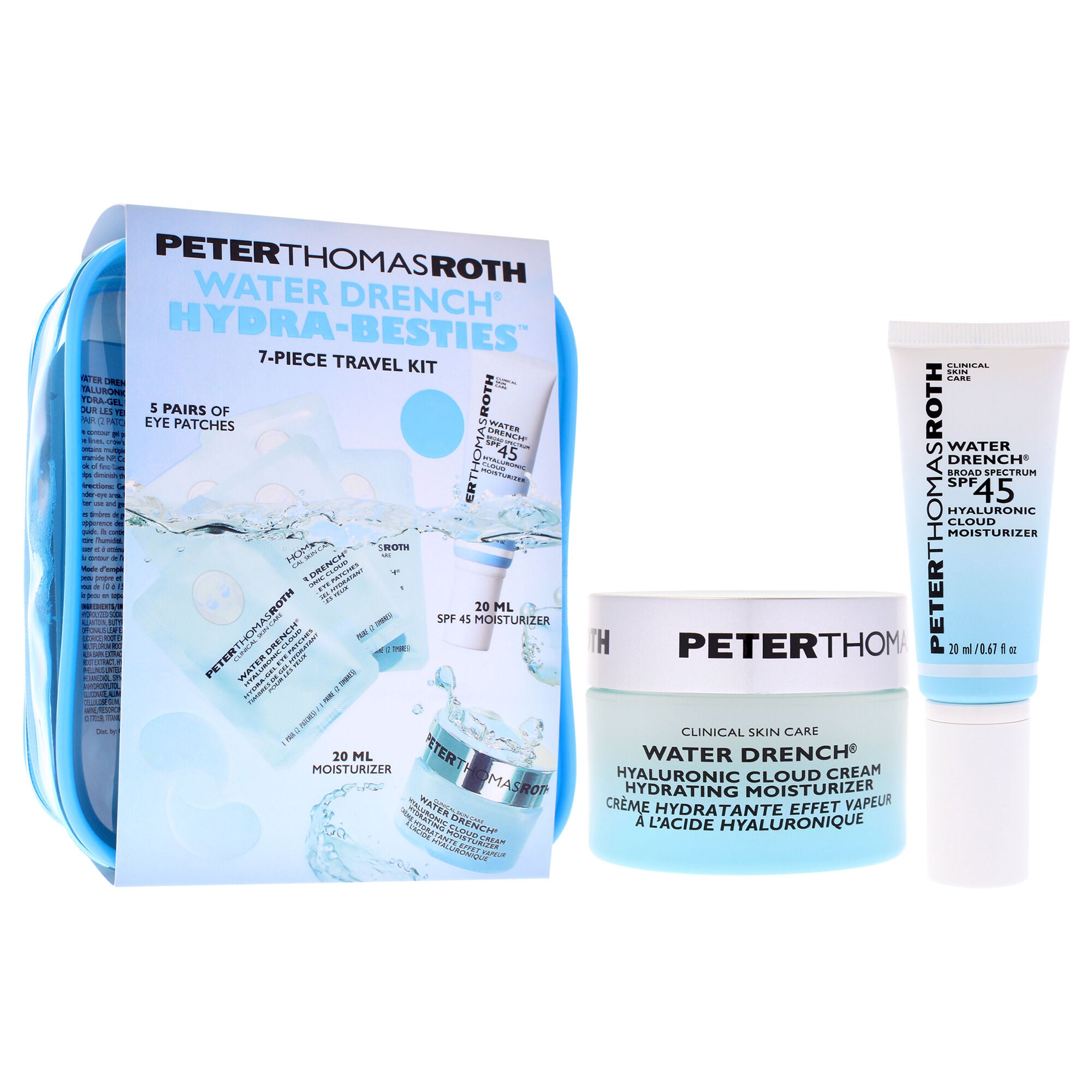 Water Drench Hydra-Besties Travel Kit by Peter Thomas Roth for Unisex - 7 Pc 5 Pair Water Drench Gel Eye Patches, 0.67oz Water Drench Moisturizer, 0.67oz Water Drench Broad Spectrum SPF 45 Moisturizer, White, alternate image number 2