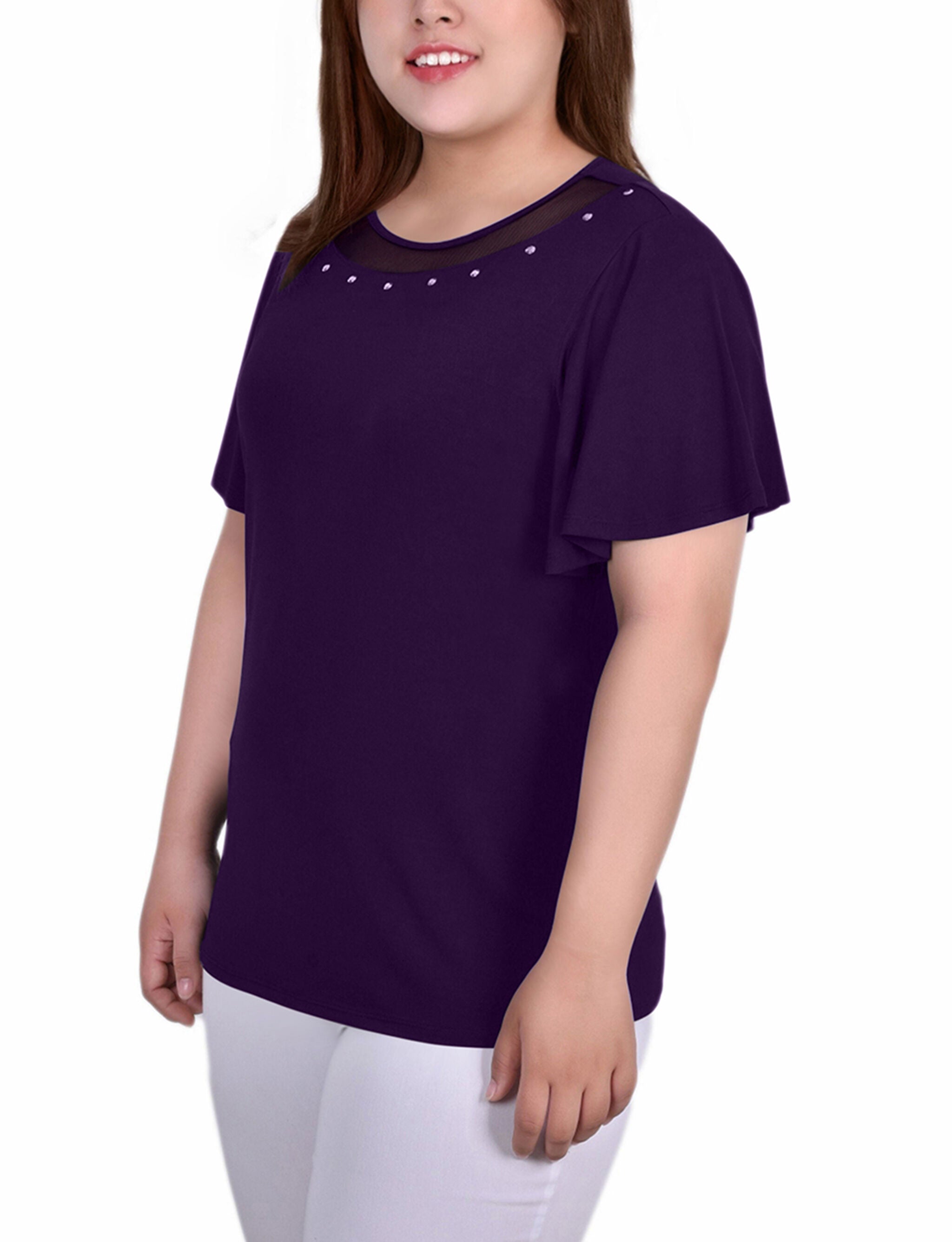 Short Sleeve Mesh and Stone Top, Deep Purple, alternate image number 1