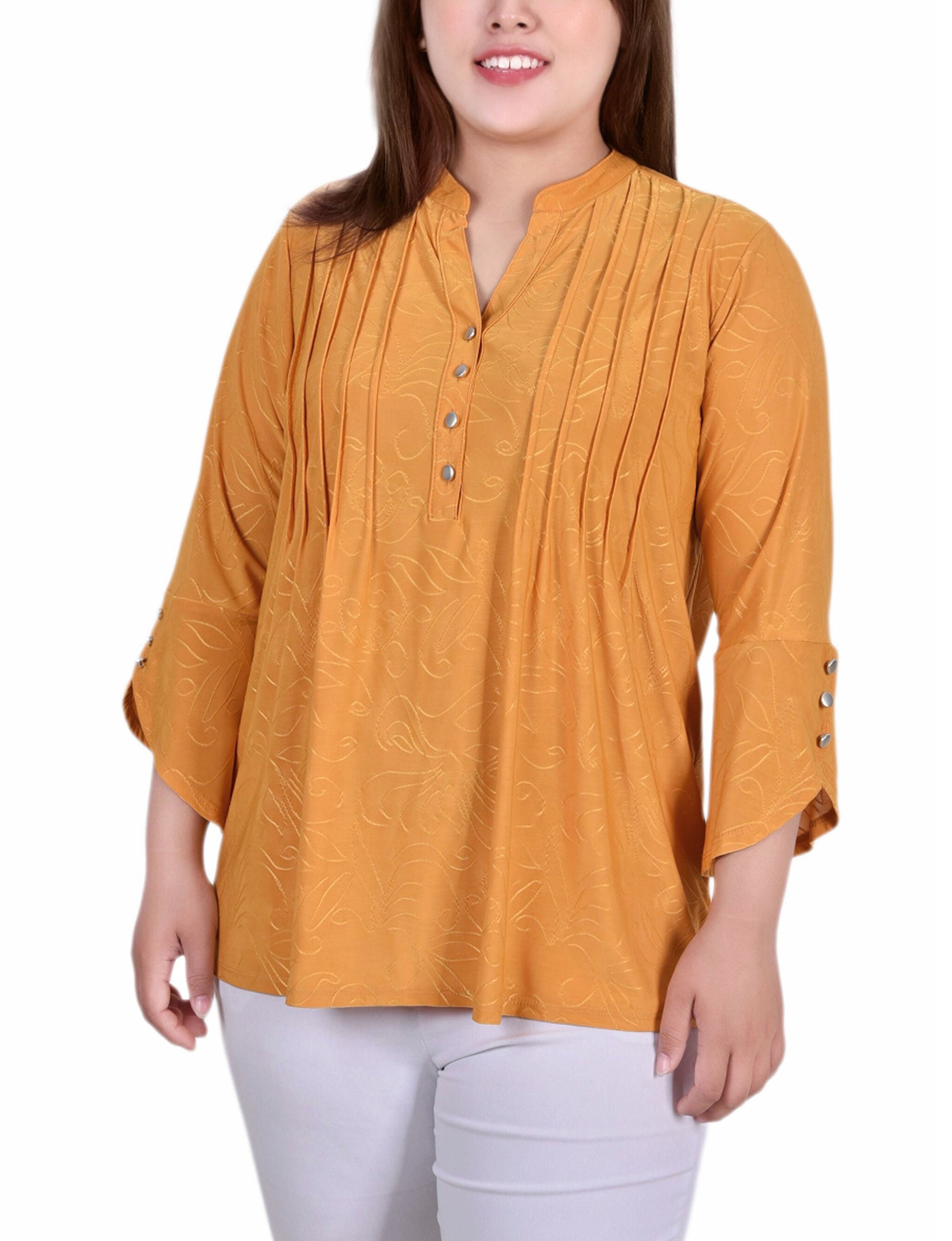 3/4 Sleeve Overlapped Bell Sleeve Y Neck Top, Deep Gold Sakadotduo, hi-res image number 0