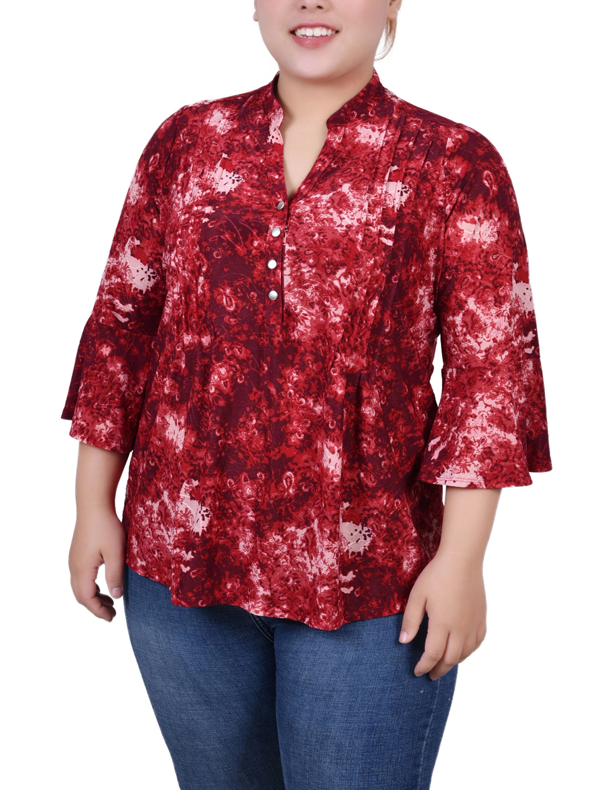 3/4 Bell Sleeve Pleat Front Y Neck Top, Wine Geobreeze, hi-res image number 0