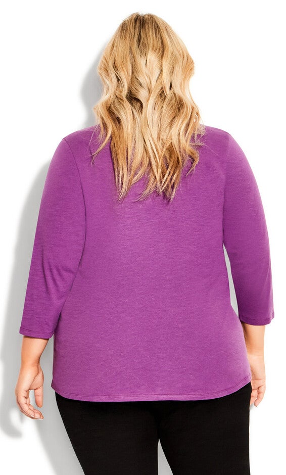 Notch Neck 3/4 Sleeve Plain Tee - deep lilac, , alternate image number 2