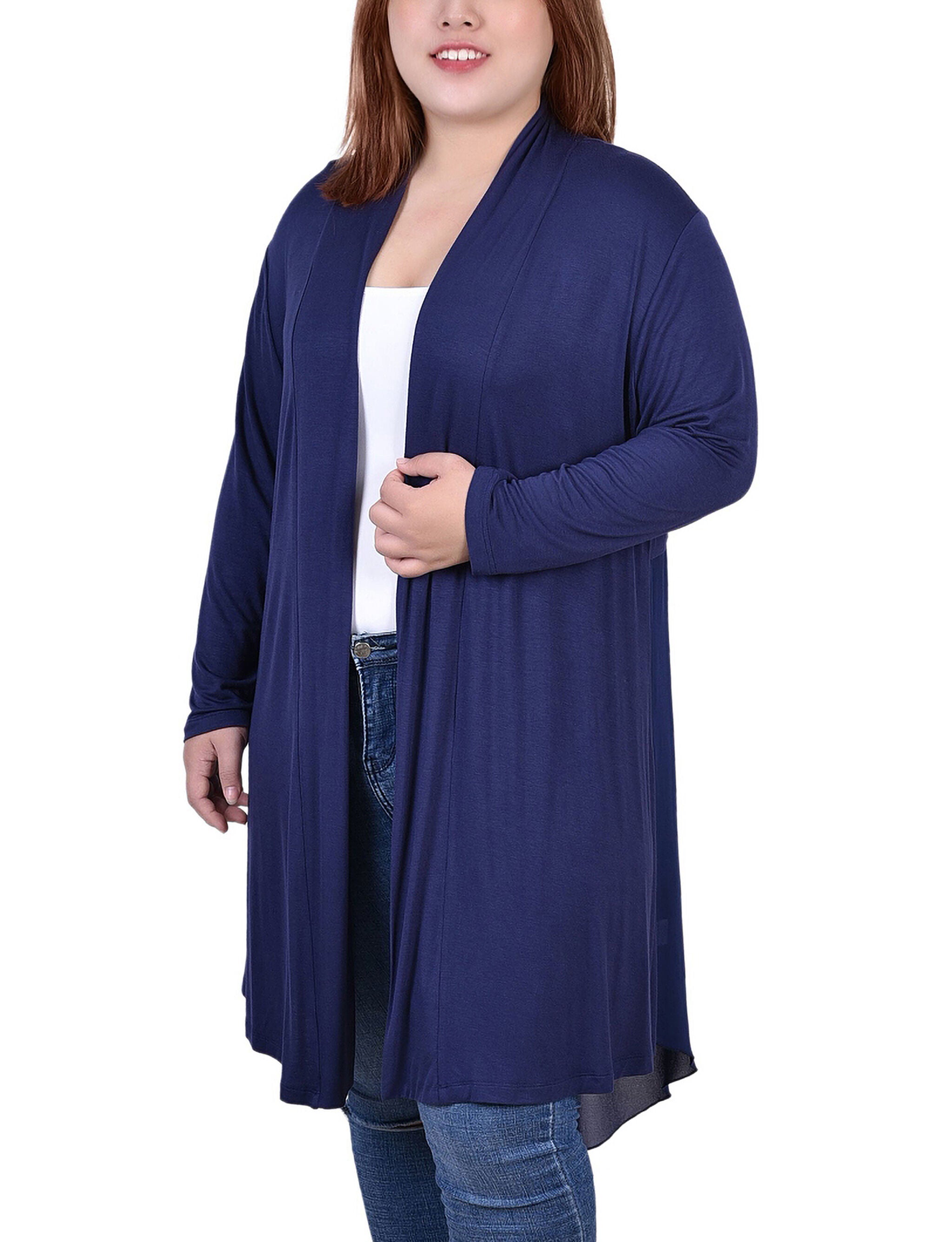 Long Sleeve Knit Cardigan With Chiffon Back, Navy, hi-res image number 0