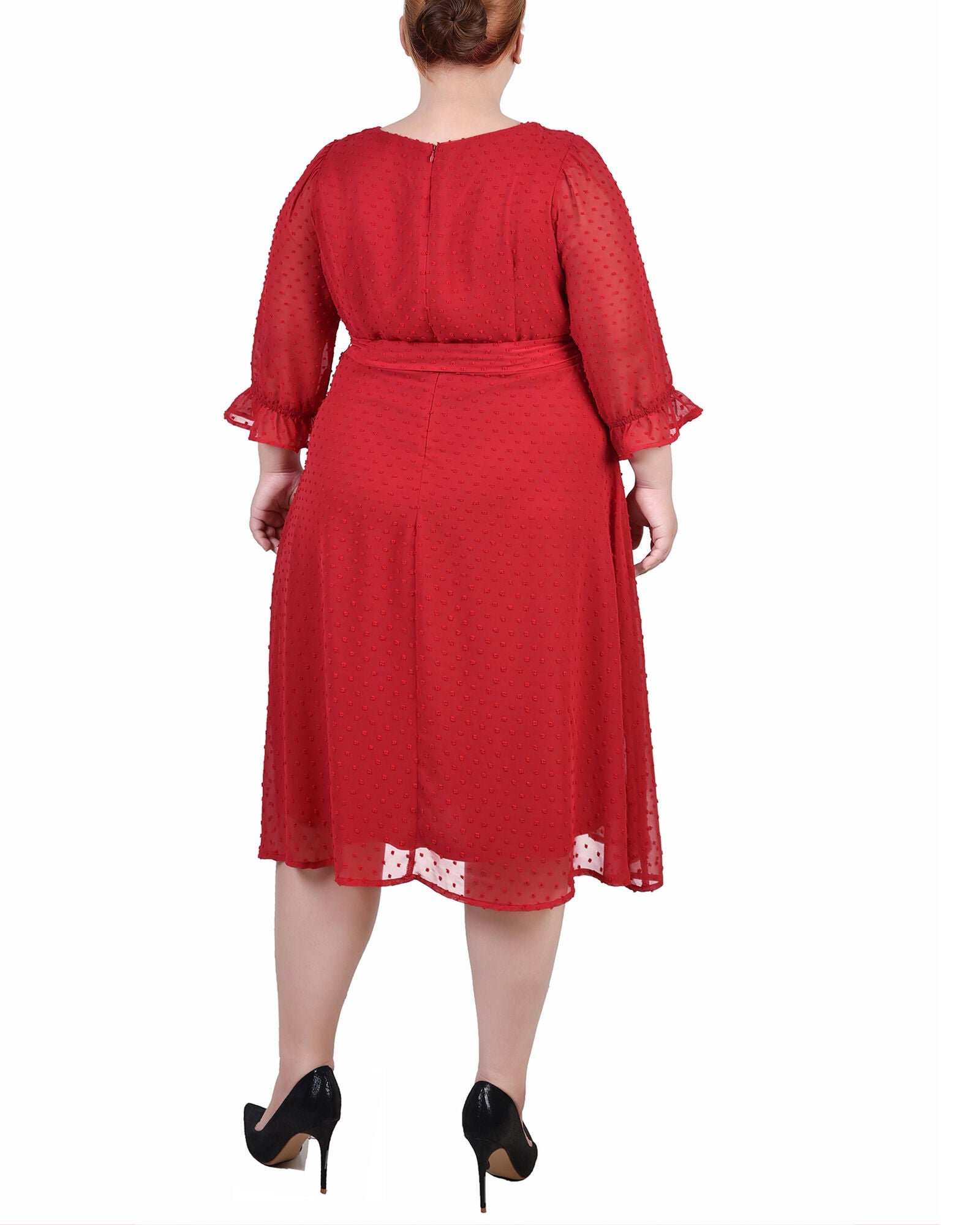 3/4 Sleeve Belted Swiss Dot Dress, , alternate image number 3