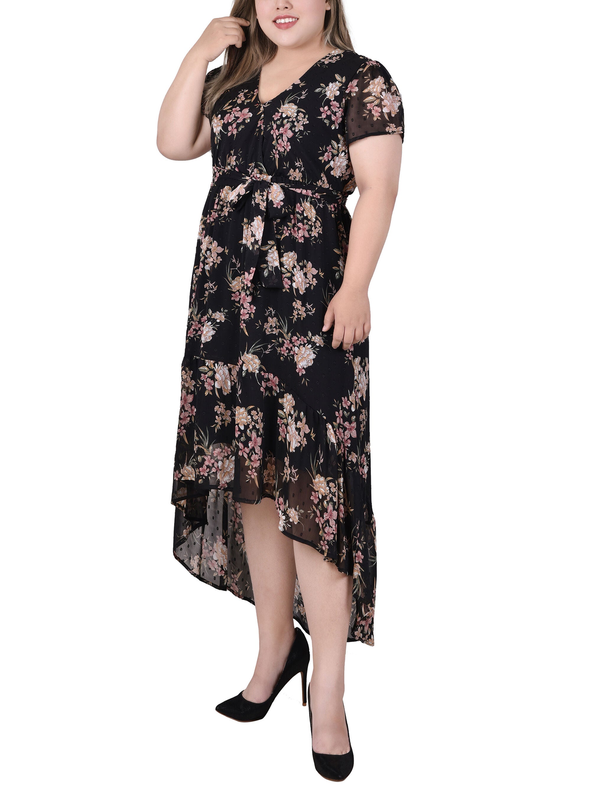 Short Sleeve Hankerchief Hem Chiffon Dress, Black Mauve Floral, alternate image number 1