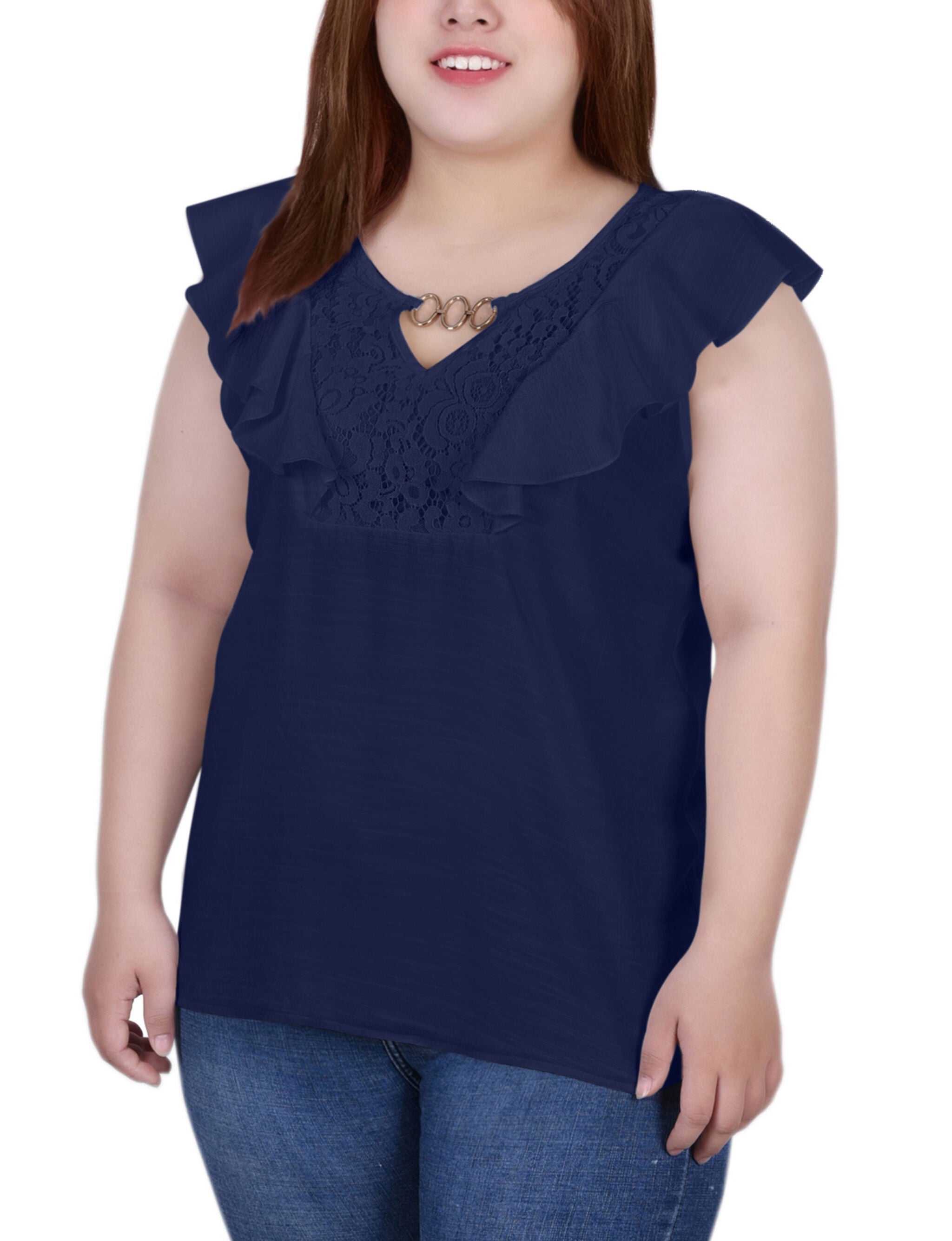Short Sleeve Ruffle Front Blouse, Navy, hi-res image number 0