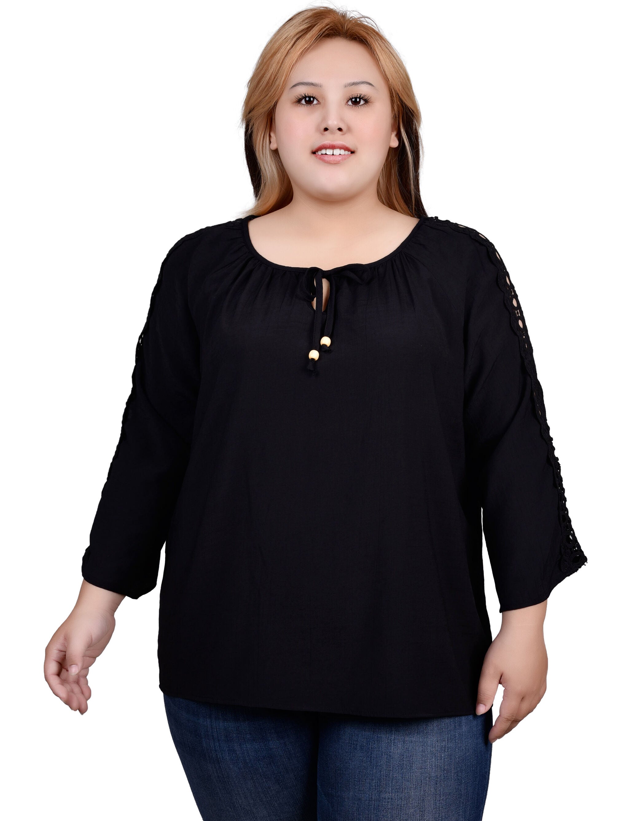 3/4 Sleeve Crochet Detail Blouse, Black / black, hi-res image number 0