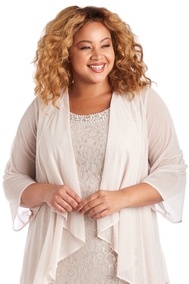 Long Flyaway Sheer Jacket Over Lace Aline Dress With Beaded Necklace, , alternate image number null
