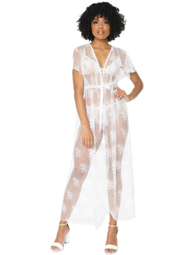 Long Floral Tulle Flutter Robe, White, hi-res image number null