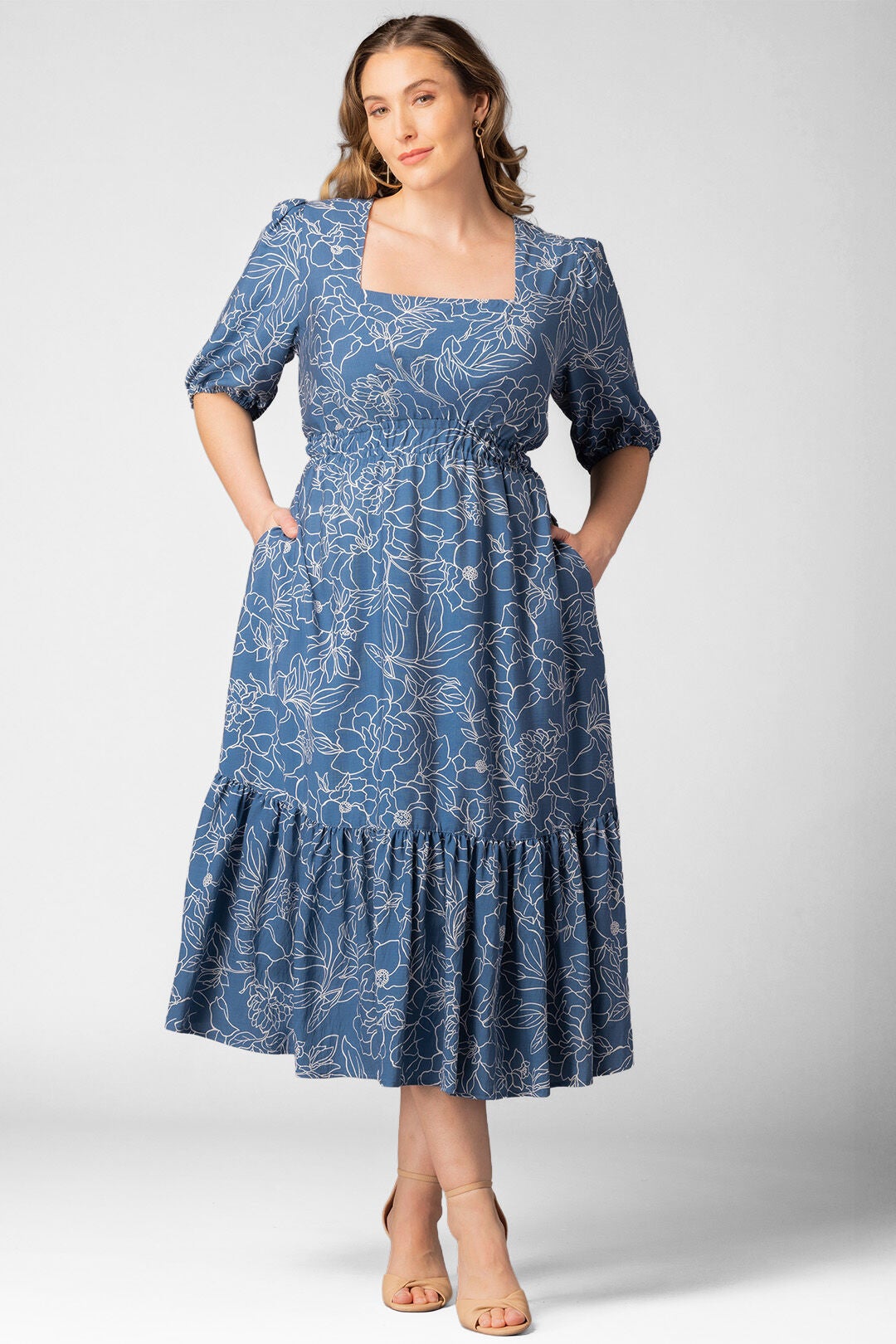 Bailey Square Neck Midi Dress, Blue Floral Print / Light Blue, hi-res image number 0