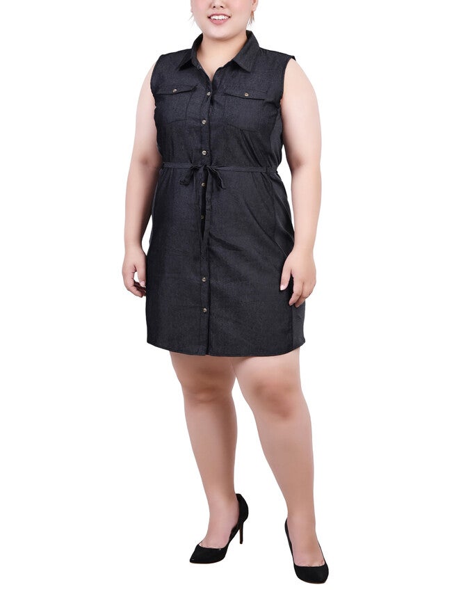 Sleeveless Belted Chambray Dress, Black Denim, hi-res image number 0