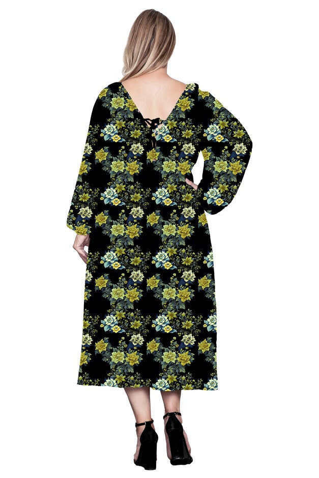 Floral-Print Sheer Sleeve Midi Dress, Blackabstract / Black, alternate image number null