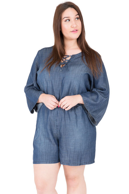 Plus Size Women's Bell Sleeve Lace-Up Tencel Denim Rompers, Blue, hi-res image number null