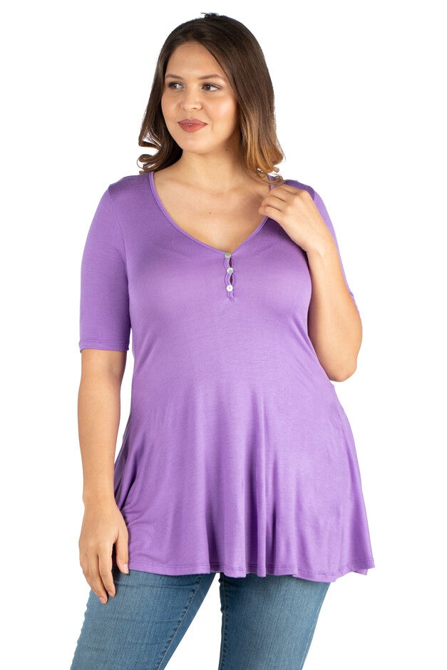 Elbow Sleeve Henley Plus Size Tunic Top, Lilac, hi-res image number 0