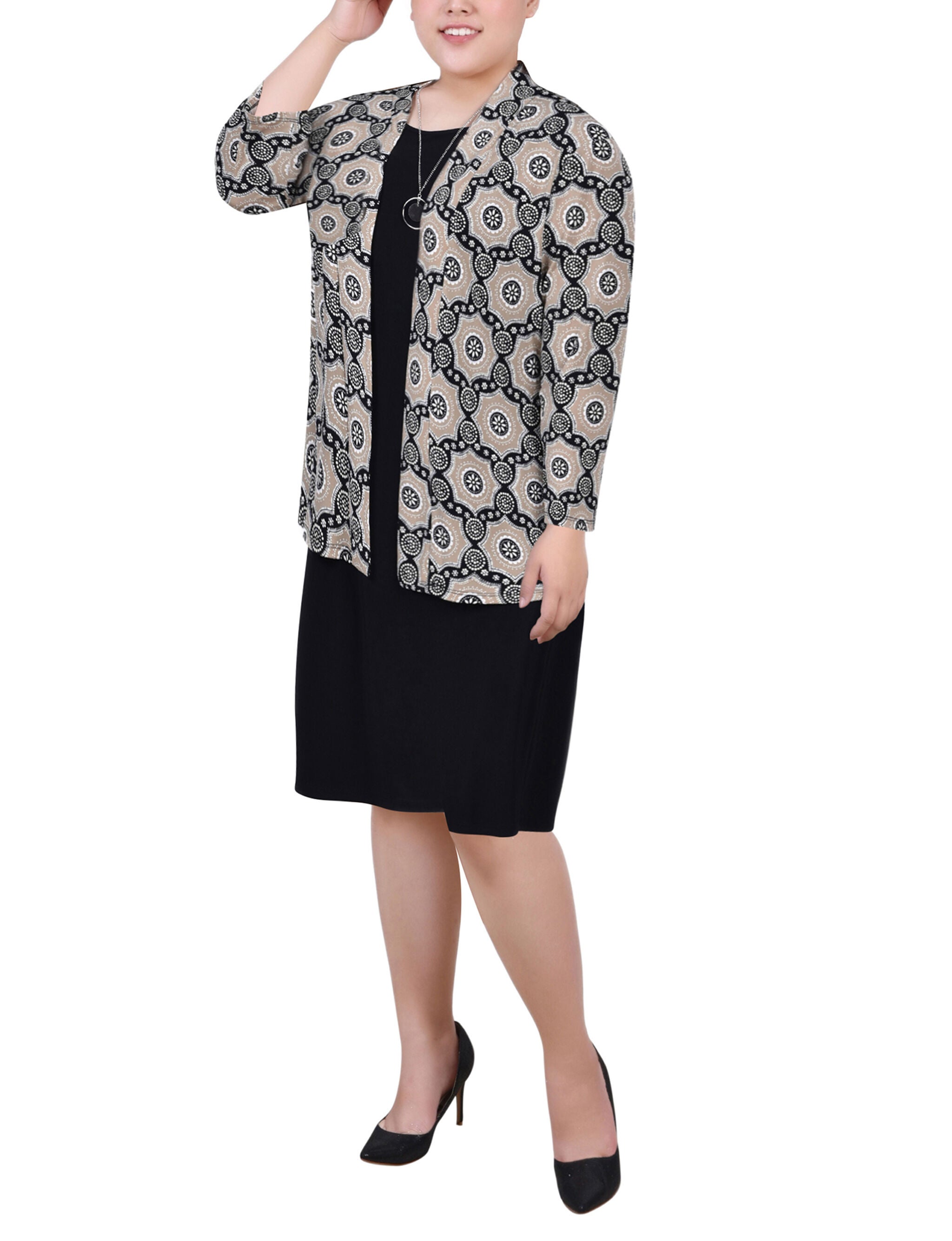 Jacket and Dress Set, Taupe Flower Black, hi-res image number 0