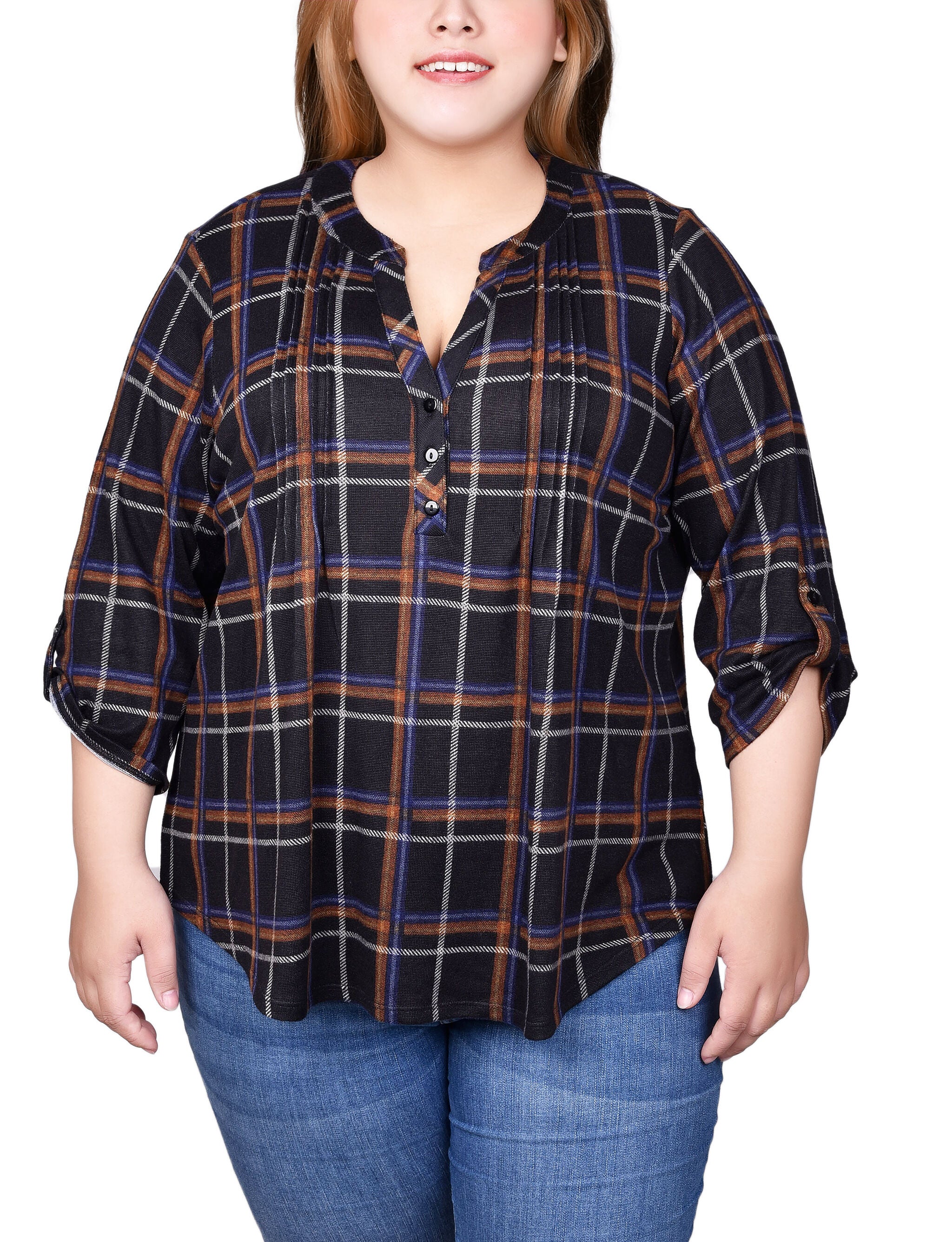3/4 Roll Sleeve Top, Black Ivory Plaid / black, hi-res image number 0