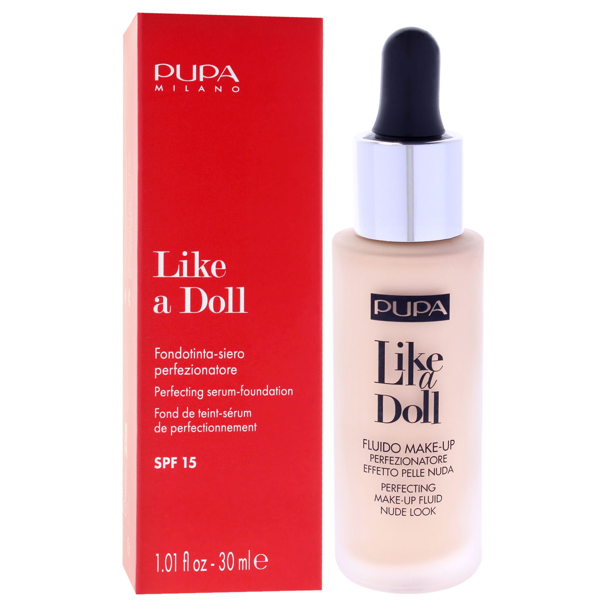 Like A Doll Perfecting Make-Up Fluid Nude Look Foundation SPF 15 - 020 Light Beige by Pupa Milano for Women - 1.01 oz Foundation, See Description, alternate image number 1