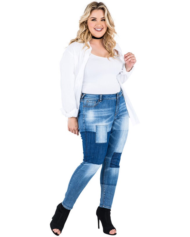 Plus Size Isabel Patchwork Indigo Stretch Jeans, , alternate image number null