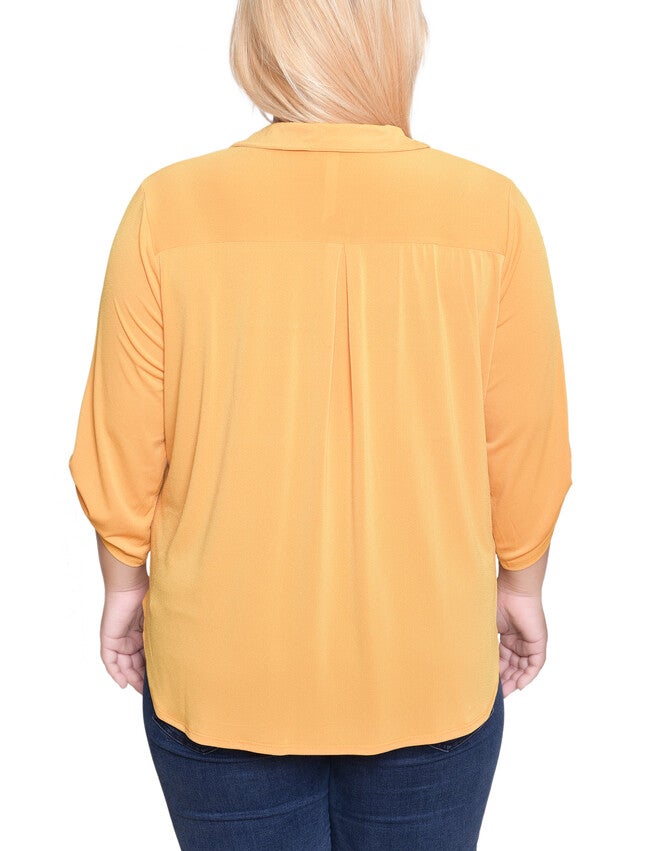 Plus Size 3/4 Roll Tab Zip Front Top, Golden Glow, alternate image number 3