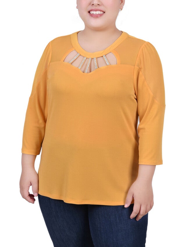 3/4 Sleeve Top With Neckline Cutouts and Stones, Golden Glow, hi-res image number 0