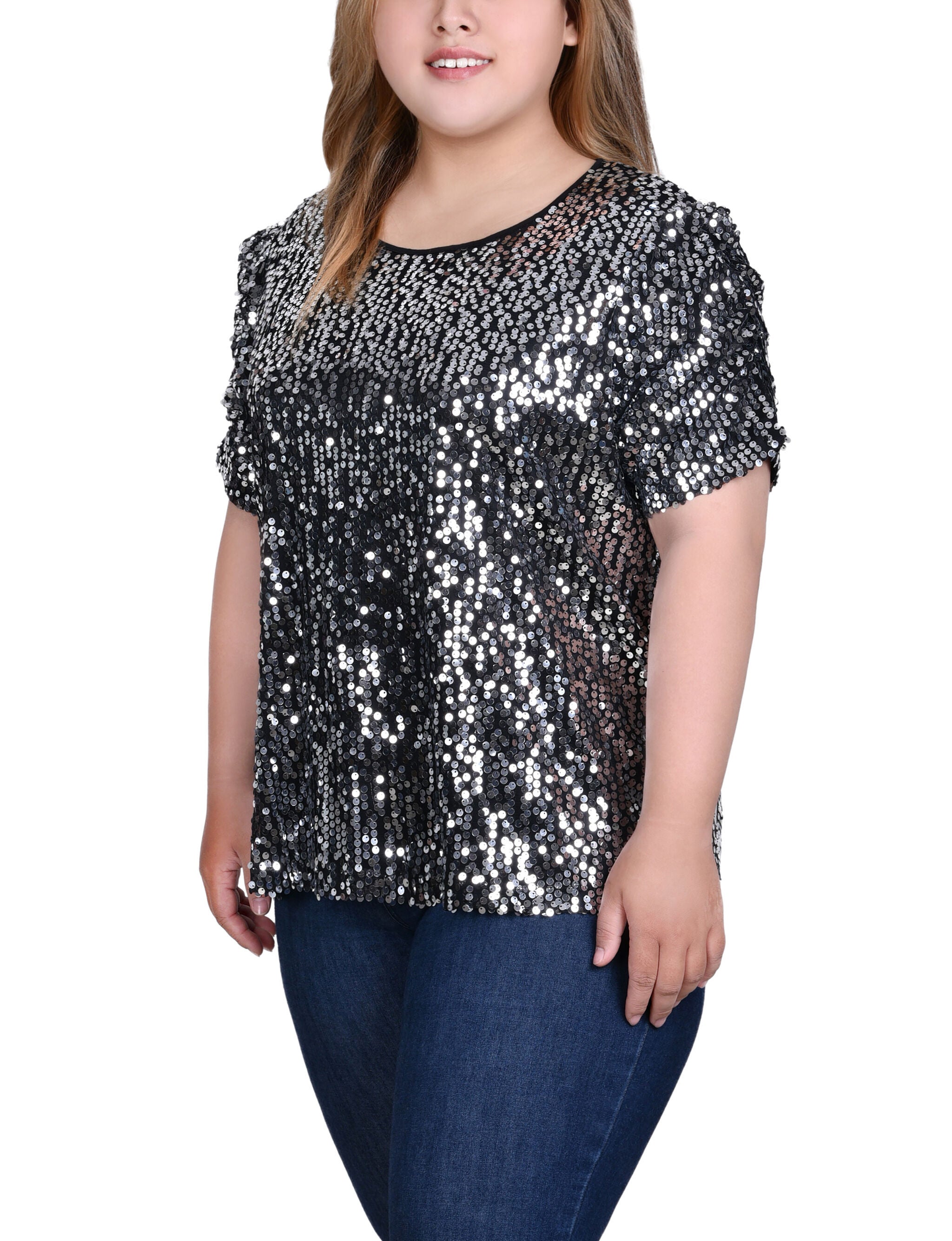 Short Sleeve Sequined Top, Silver, alternate image number 2