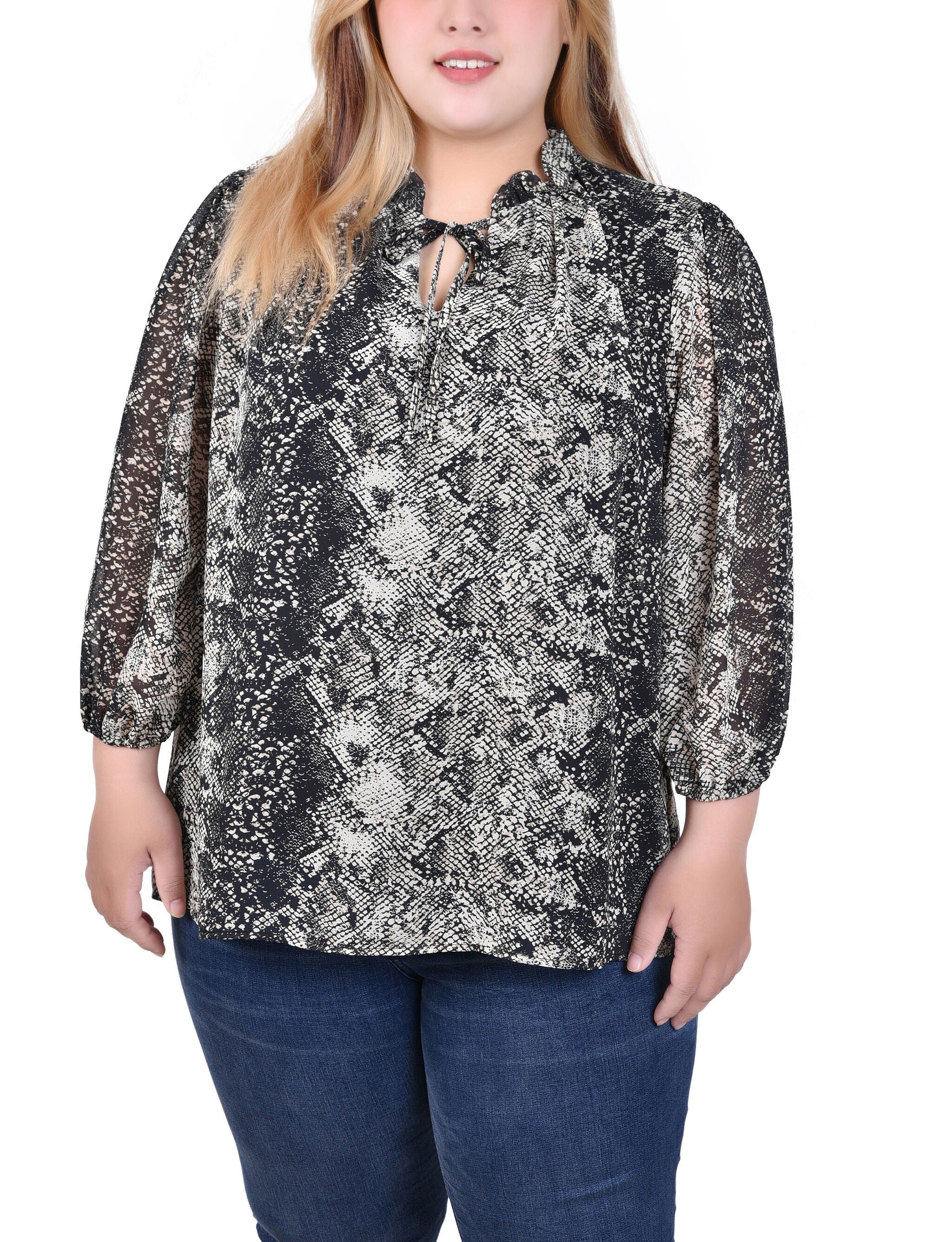 3/4 Sleeve Chiffon Blouse, Black Snakeskin, hi-res image number 0