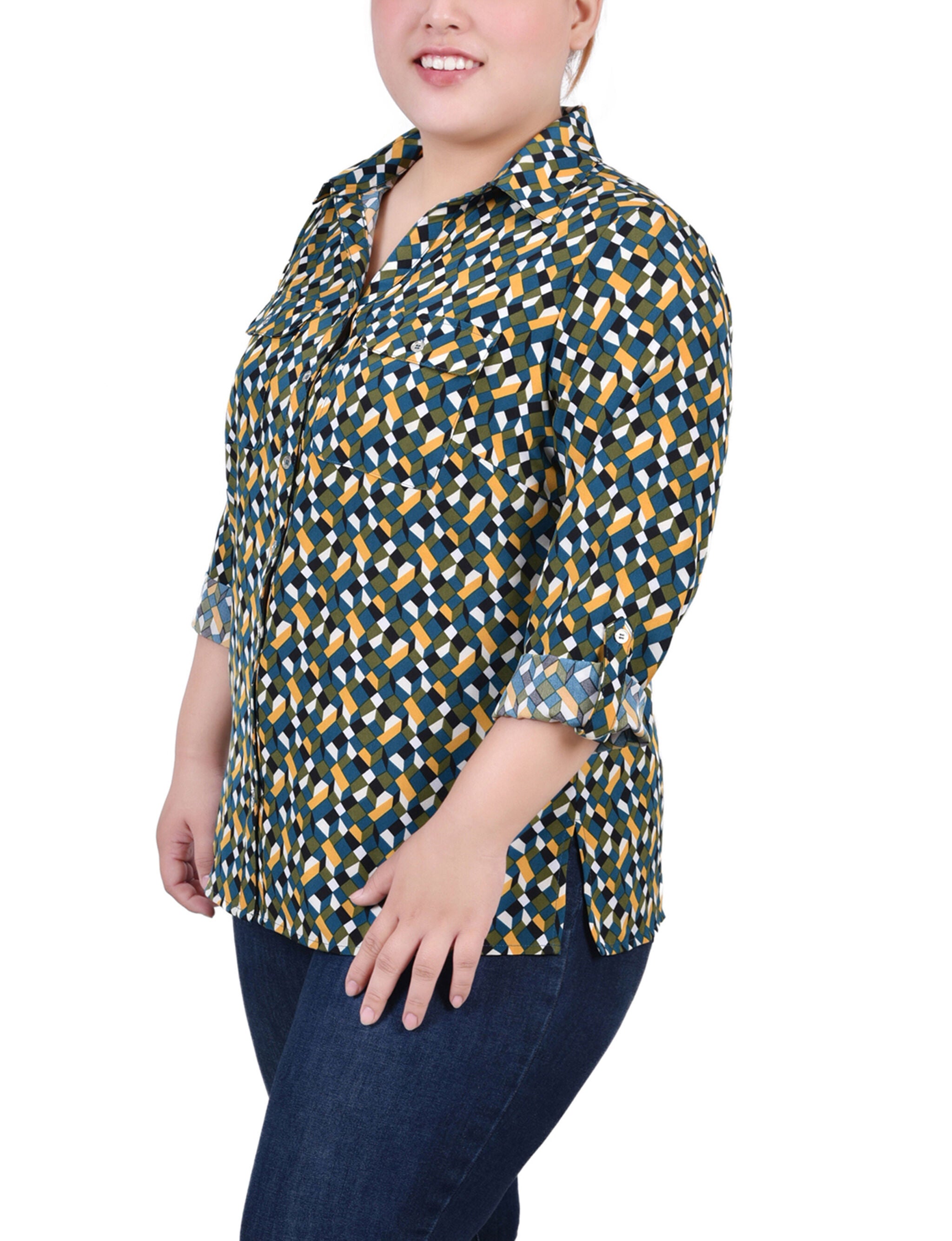 3/4 Roll Tab Blouse With Pockets, Deep Teal Banana Cube, alternate image number 1