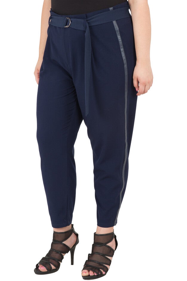 Plus Size Women's Vegan Leather Paper Bag Waist Pants, Blue, hi-res image number 0