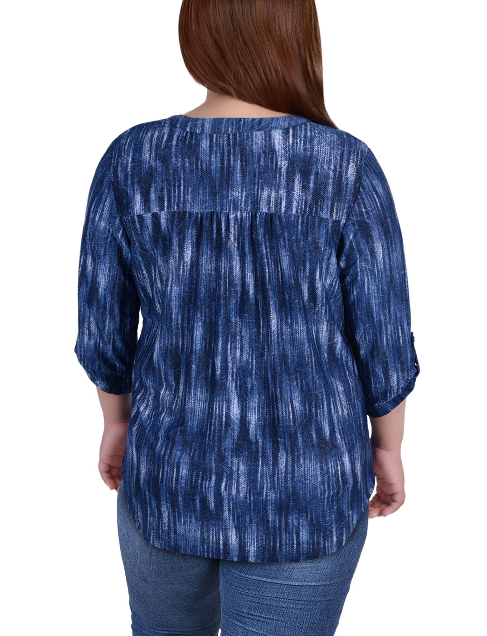 3/4 Sleeve Y Neck Top, Denim Tiedye, alternate image number 2