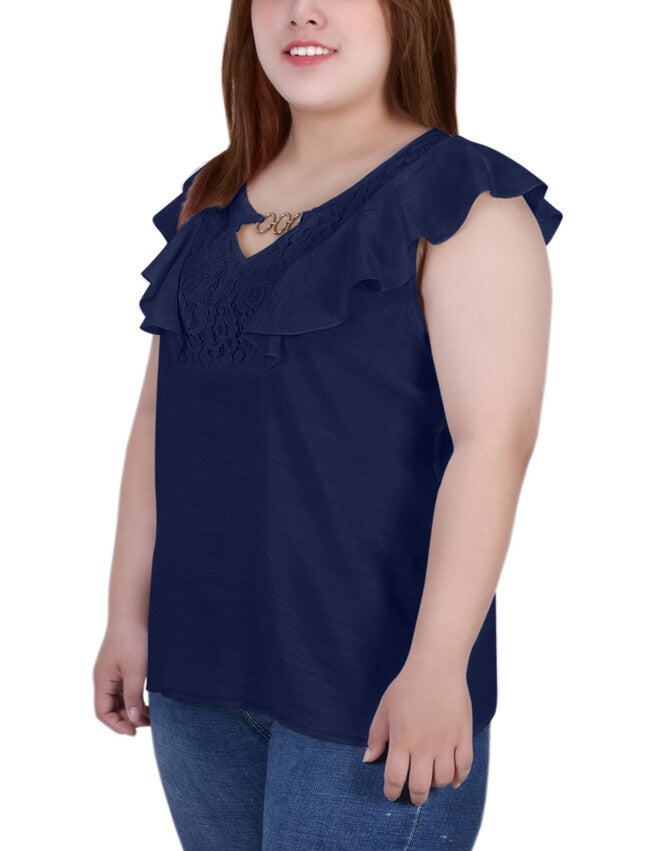 Short Sleeve Ruffle Front Blouse, Navy, alternate image number 1