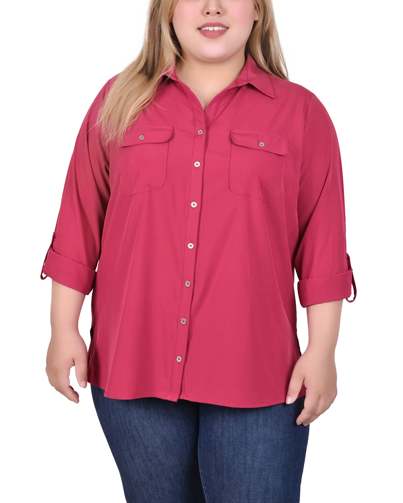 3/4 Roll Tab Blouse With Pockets, Sangria, hi-res image number 0