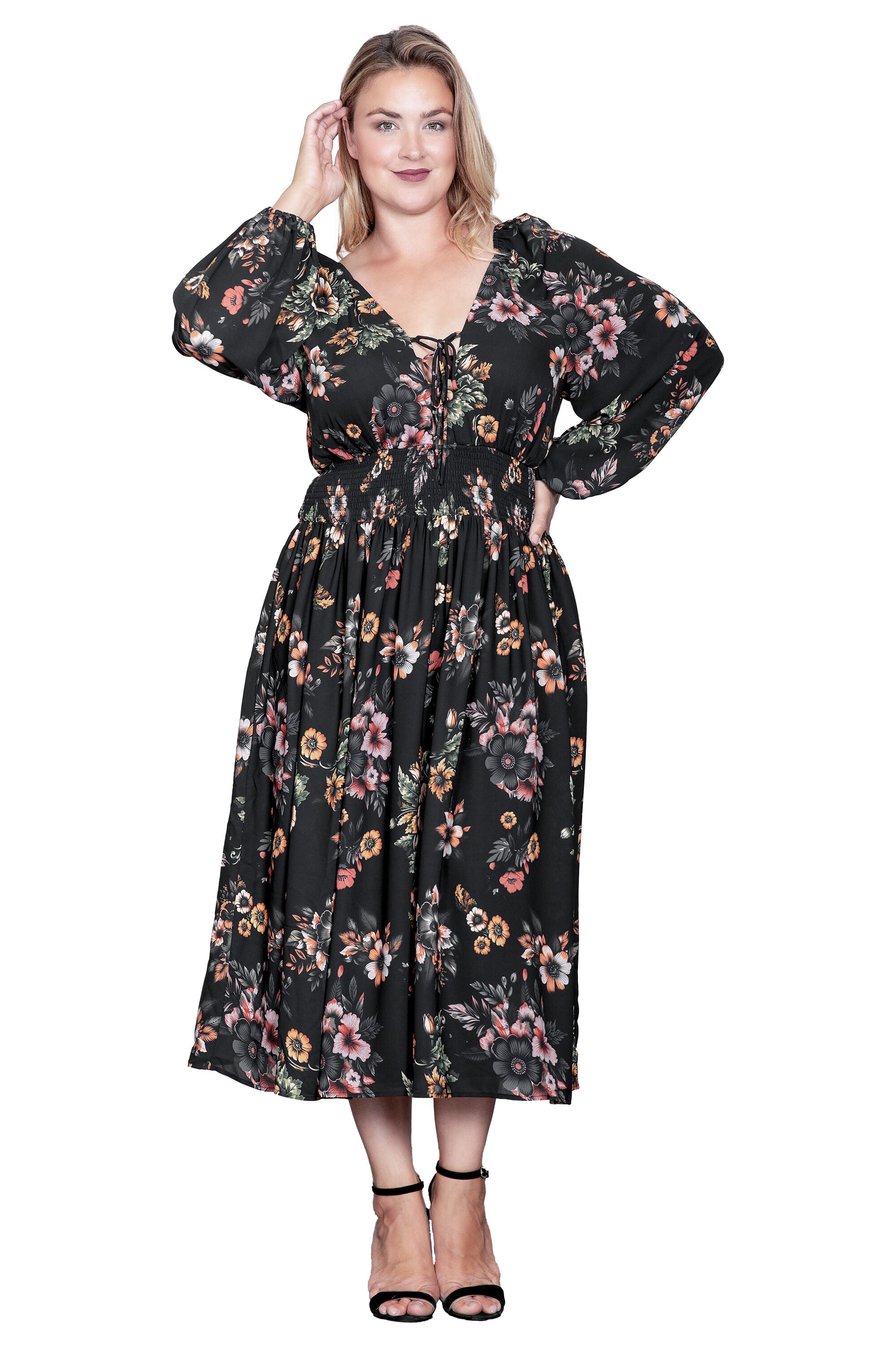 Floral-Print Sheer Sleeve Midi Dress, Rusty Floral Black / Black, alternate image number 3