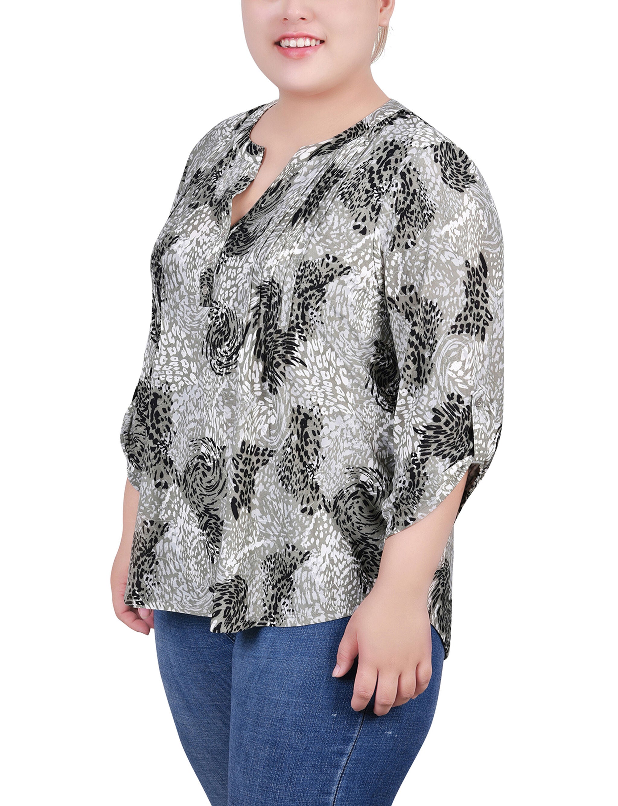 3/4 Sleeve Roll Tab Y Neck Top, Shadow Black Animal, alternate image number 1