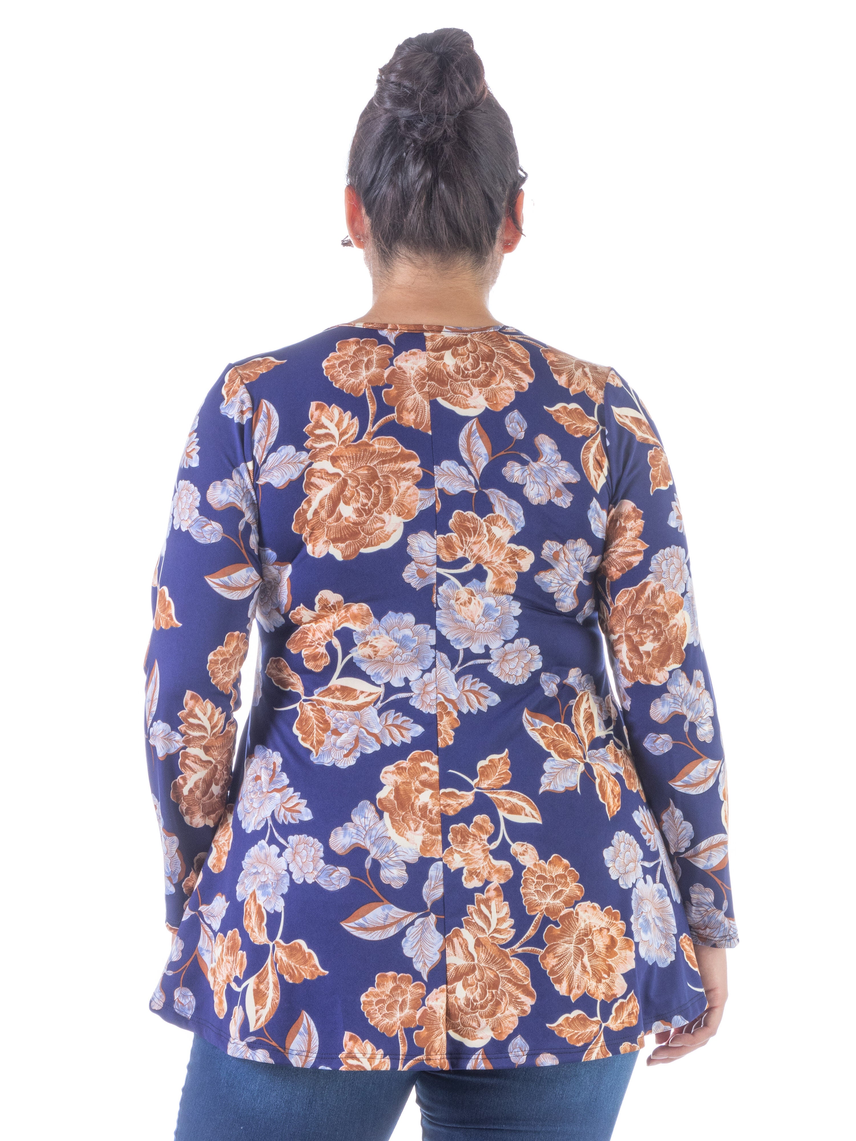 Blue Floral Long Sleeve V Neck Plus Size Tunic Top, , alternate image number 1