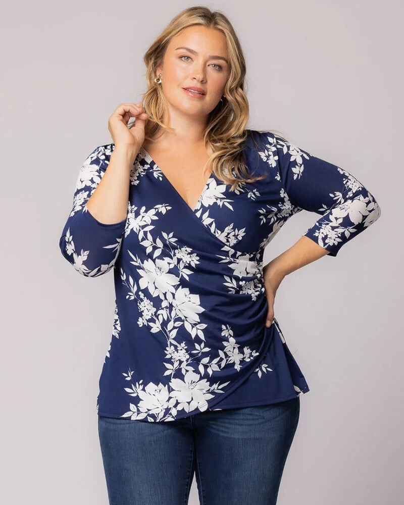 Femme Fatale Faux Wrap Top, Navy Floral Print, hi-res image number 0