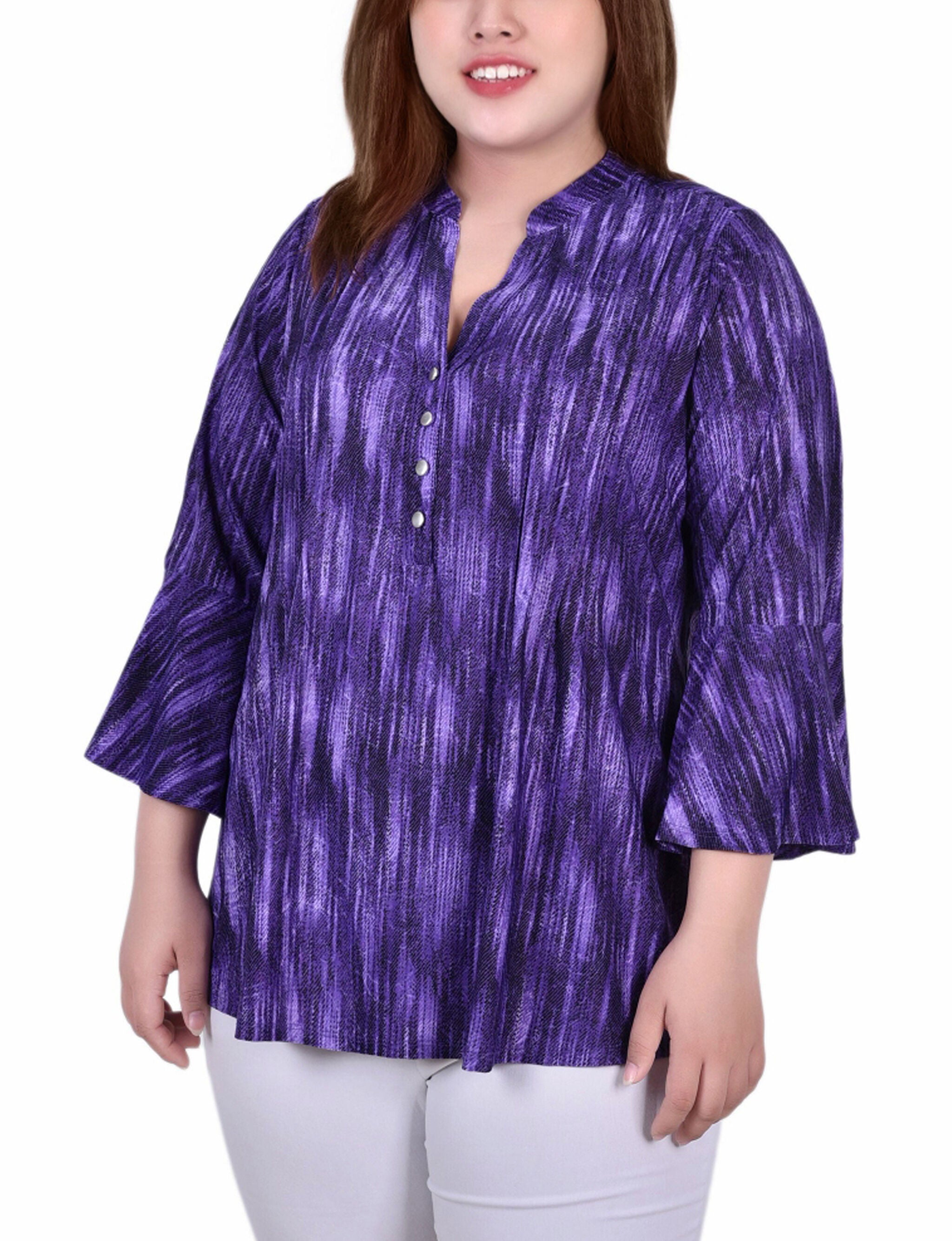 3/4 Bell Sleeve Pleat Front Y Neck Top, Purple Stripe, hi-res image number 0