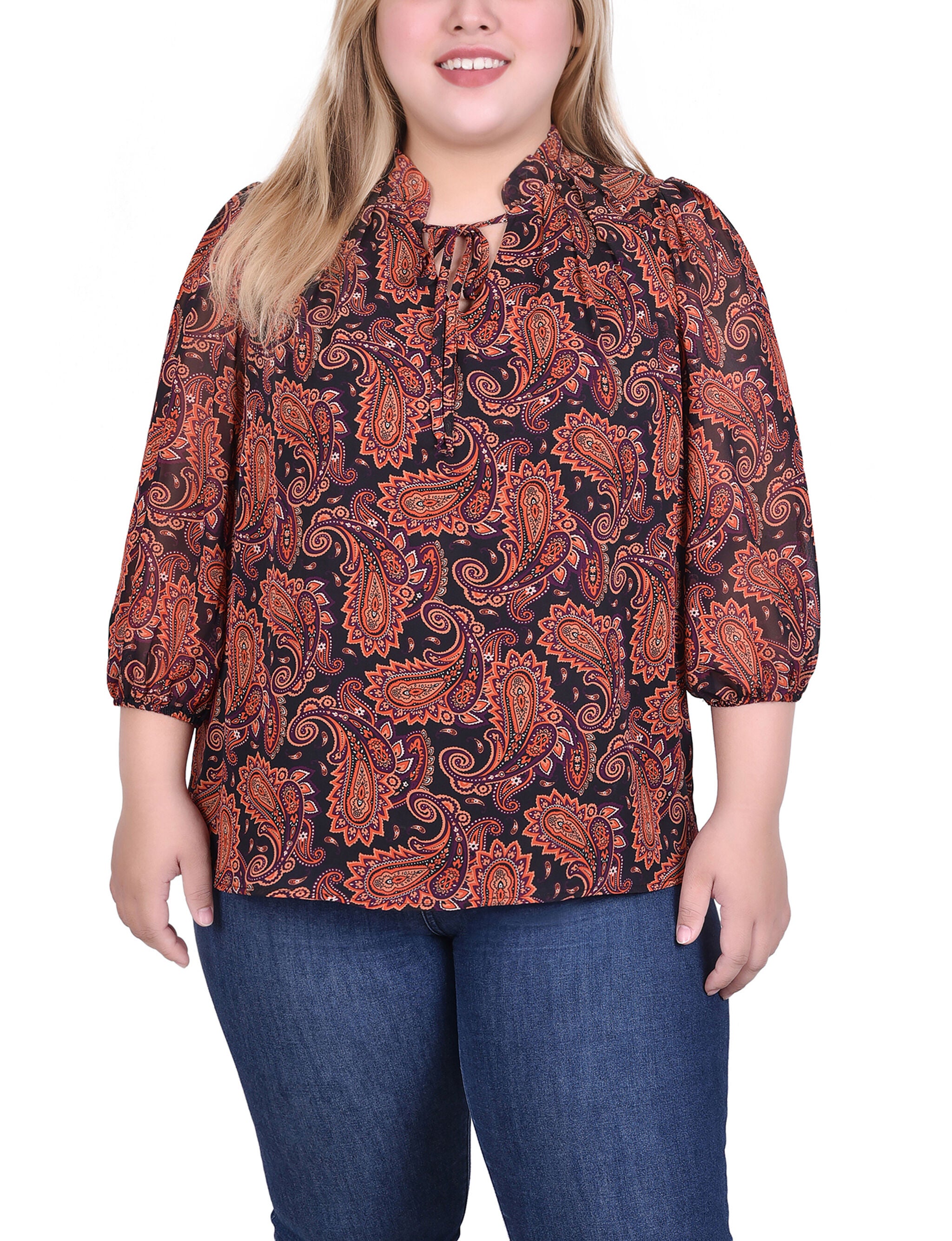 3/4 Sleeve Chiffon Blouse, Rust Black Paisley, hi-res image number 0