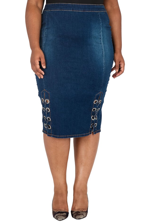 Plus Size Curvy Womens High Waist Double Split Denim Pencil Skirt, Blue, hi-res image number null