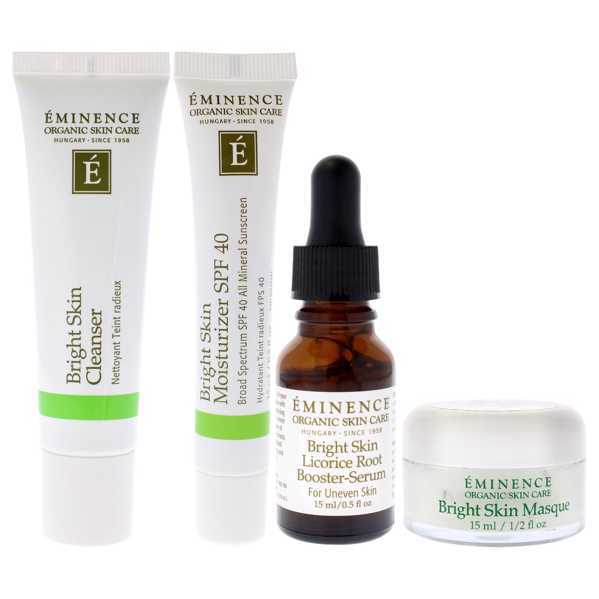 Bright Skin Starter Set by Eminence for Unisex - 5 Pc 1oz Bright Skin Cleanser, 0.5oz Bright Skin Masque, 0.5oz Bright Skin Licorice Root Booster-Serum, 0.5oz Bright Skin Moisturizer SPF 40, Cosmetic Bag, Multi, alternate image number 1