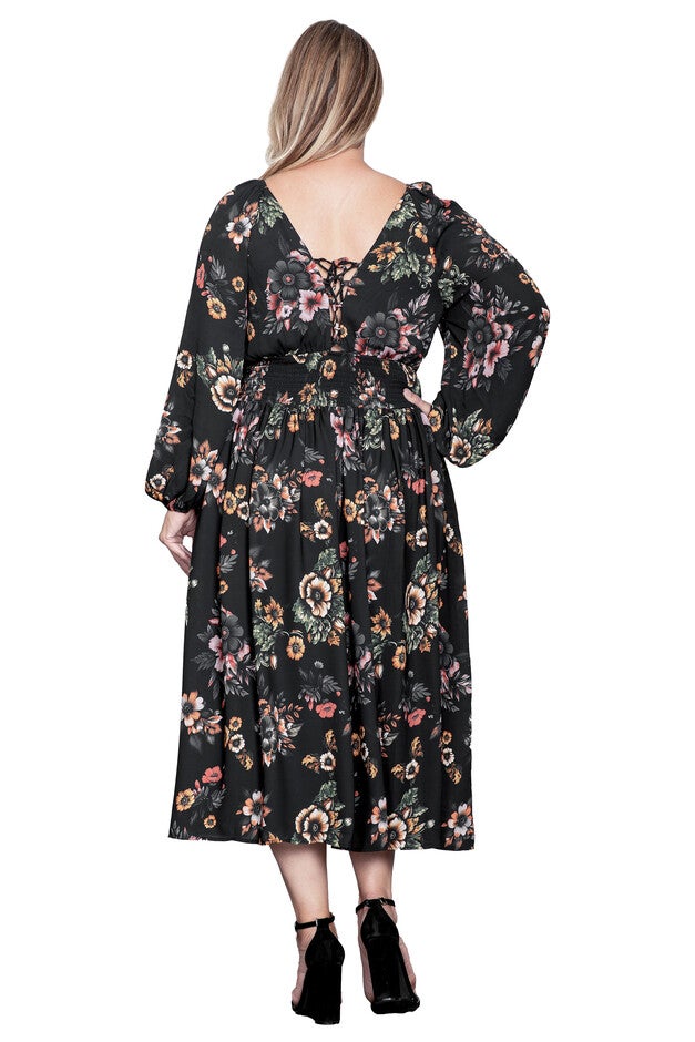 Floral-Print Sheer Sleeve Midi Dress, Rusty Floral Black / Black, alternate image number null