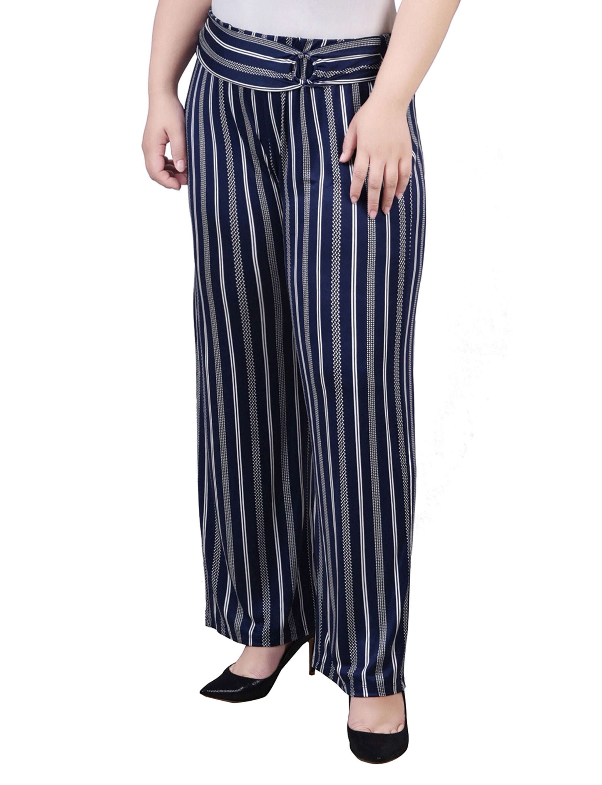 Cropped Pull On Pants With Sash, Navy Geo Stripe, hi-res image number 0