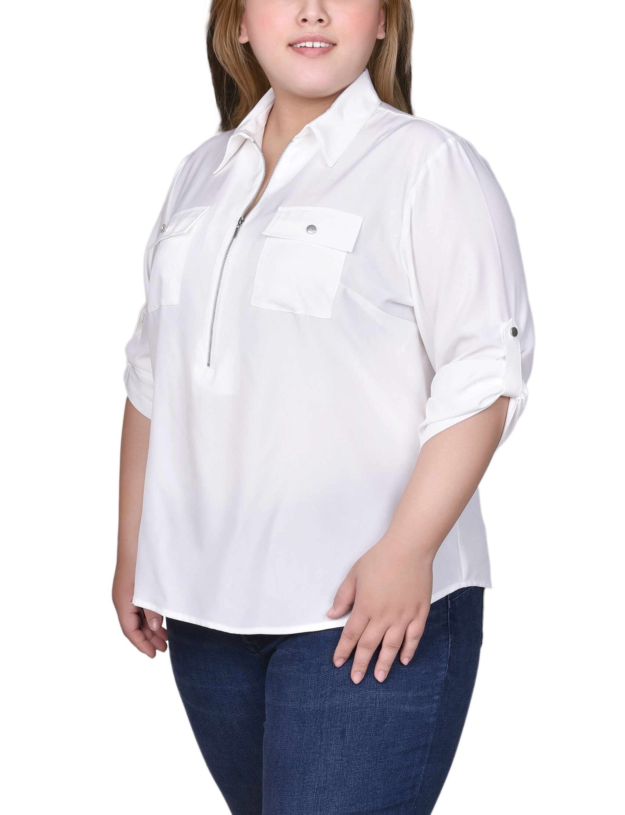 3/4 Roll Tab Sleeve Zip Front Top, , alternate image number 4
